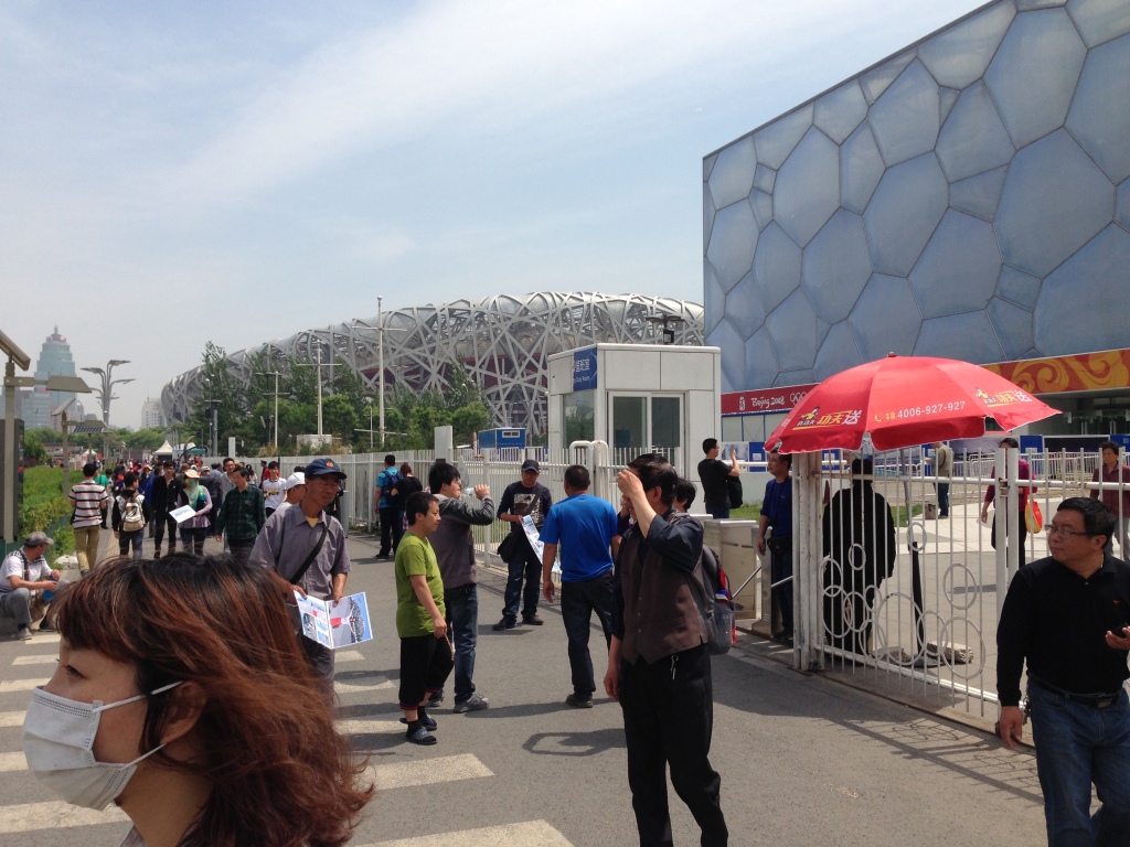 Approaching the entrance to the Water Cube